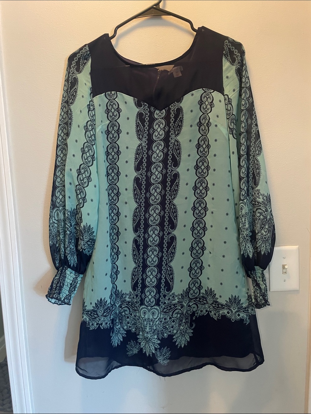 Xhilaration Mint and Navy Printed Long-Sleeve Dress